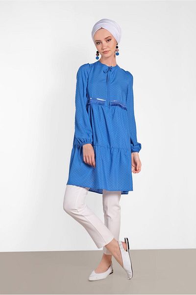 TRENDTESETTÜR Women's Navy Blue (SAKS) Tassel Detailed Tunic 4470