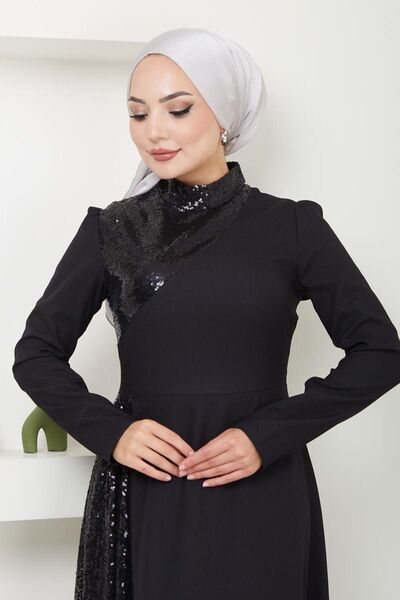 Ayşe Melek Kadın Giyim Abiye Moda Pullu Krep Uzun Tesettür Ebiye Elbise 2719