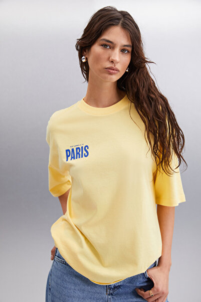 GRIMELANGE Gillian Women's - Front and Back Printed Oversize Cotton Yellow T-Shirt