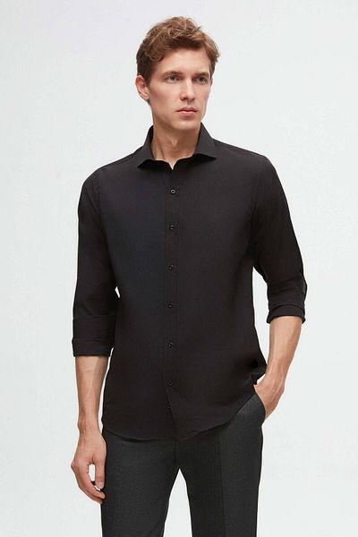 D'S Damat Black Slim Fit - Ușor de călcat Respirație, mânecă lungă și suport pentru cravată