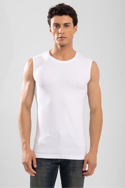 BAYKAR Men's Crew Neck Sleeveless Cotton Body Flannel T-Shirt White