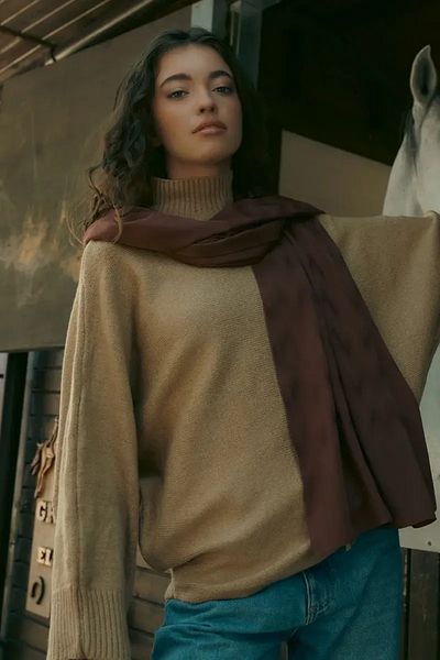 ED Scarf Μοτίβο ζιγκ-ζαγκ με μεταξένιο σάλι ζακάρ - καφέ