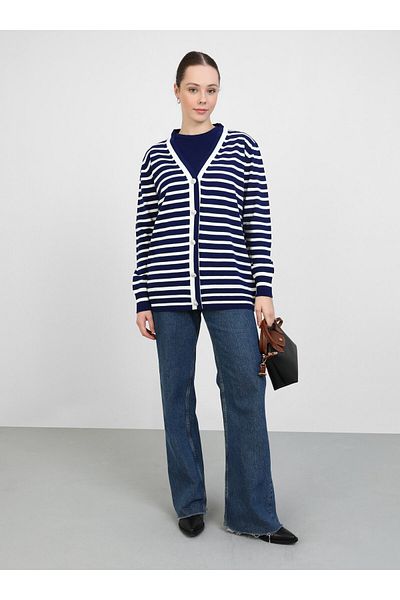 Refka Refka Knitwear Blouse and Cardigan Set - Navy Blue Striped