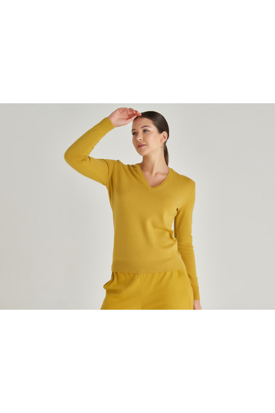 United Colors of Benetton Pulover de damă Merino verde ulei cu decolteu în V