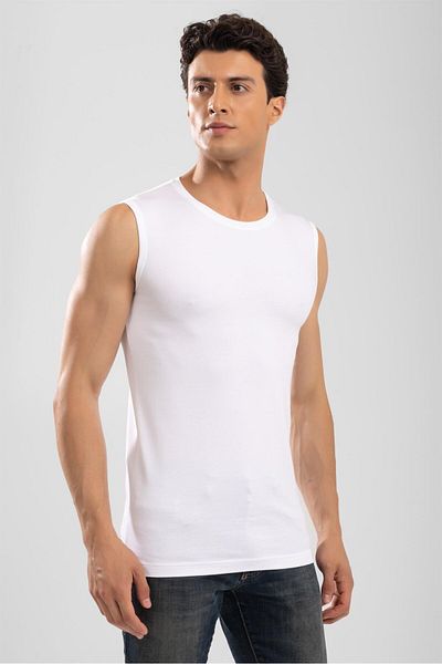 BAYKAR Men's Crew Neck Sleeveless Cotton Body Flannel T-Shirt White