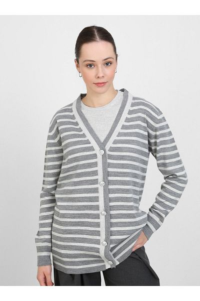 Refka Gray Striped Blouse & Cardigan Double Knitwear Set