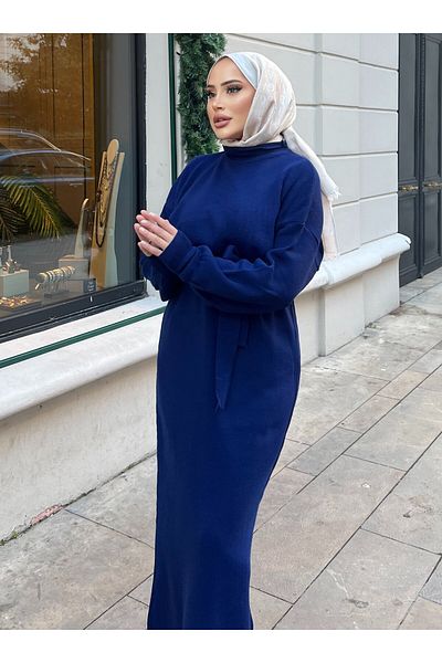 SAHRA BUTİK Balloon Sleeve Belt Dress - Navy Blue - Sahra Butik