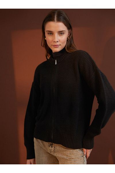 Benin Tricotaj Negru Bomber Cardigan - Detaliat Fermoar - Benin
