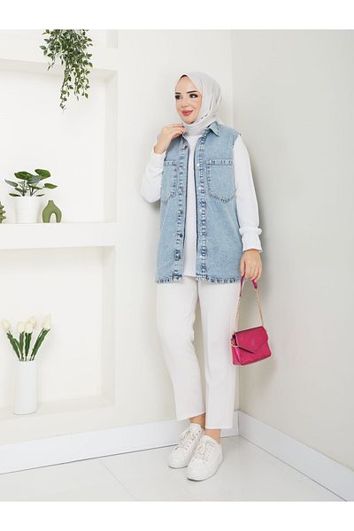 KEJAN TEKSTİL Sleeveless Denim Vest - Snap Design