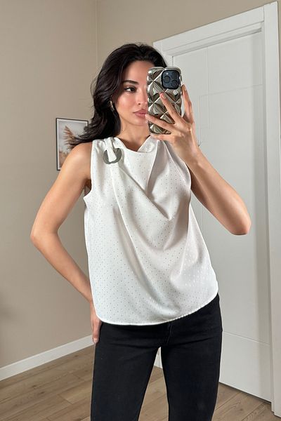 Serica Moda Polka Dot Degaje Collar Blouse with Shoulder Buckle