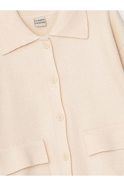 LC Waikiki Beige Polo Collar Girl's Knitwear Cardigan