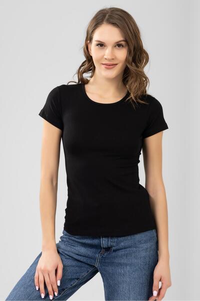 BAYKAR Kadın Pamuklu Biye Yaka Kısa Kol Düz Basic Tişört 6663 Siyah