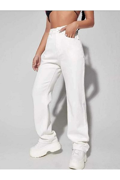 ByCukurovaFrango White High Waist Loose Jeans White Wide Jeans 100% Natural Cotton
