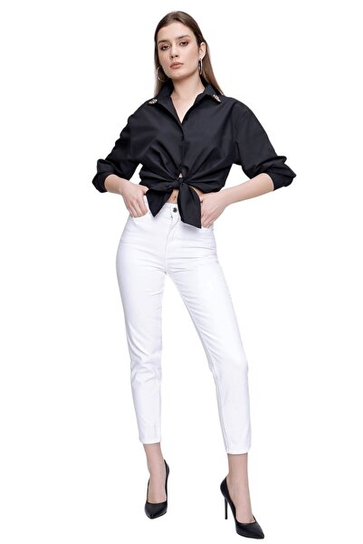 ByCukurovaFrango BY-6444 Blugi albi simpli pentru femei, tip Mom Jean, cu tal...