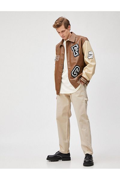 Koton College Jacket Leather Look Embroidered Snap Buttons Classic Collar