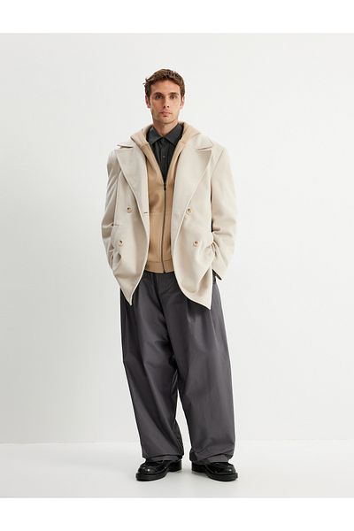 Koton Double Breasted Collar Viscose Blended Long Stamp Coat - Pocket Detail