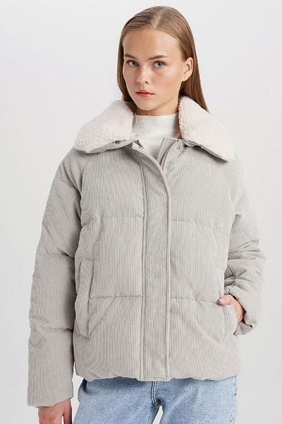 DeFacto Faux Fur Collar Zippered Velvet Coat - Regular Fit with Pockets and Snaps C5160Ax23Wn