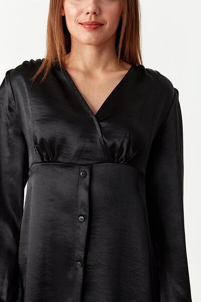 Select Moda Γυναικείο σατέν φόρεμα με λαιμόκοψη V με λεπτομέρεια με μπαλόνι μανίκια