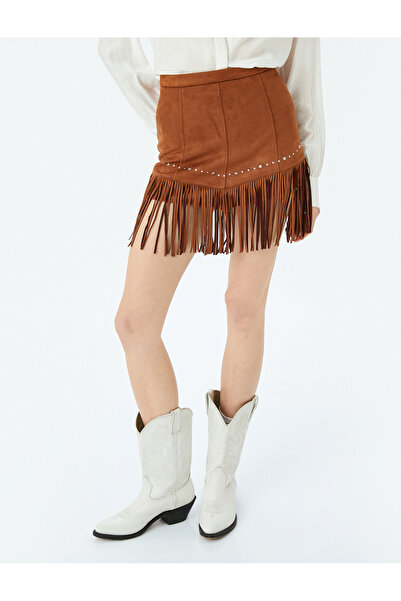 Koton Süet Görünümlü Metal Boncuk Detaylı Püsküllü Mini Etek