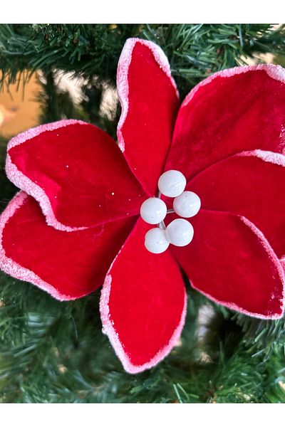 Partifabrik Christmas Tree Velvet Red White Color Luxury Flower Ornament 30 cm 1 Piece - Christmas Ornament