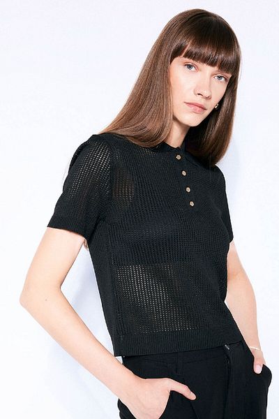 DeFacto Pulover tricot negru cu mânecă scurtă, ajurat, cu gât polo, D4161ax24au