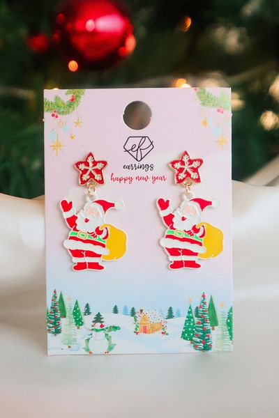 EFBUTİK Santa Claus Christmas Earrings with Red Bag