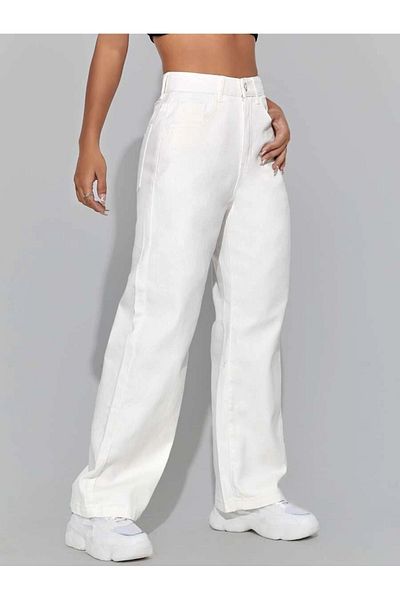 ByCukurovaFrango White High Waist Wide Leg Boyfriend Pants Palazzo jeans