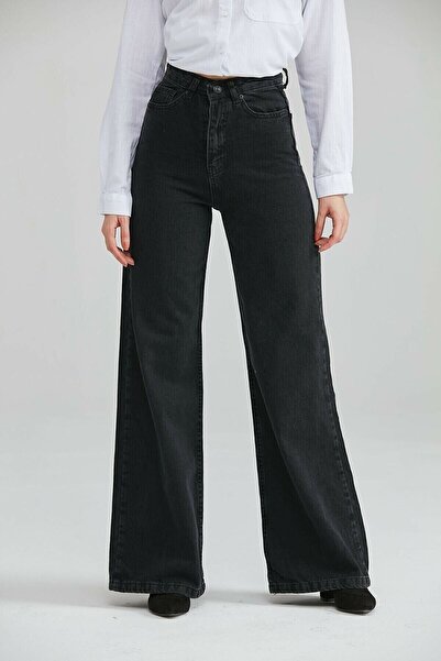 MAKRAS EXCLUSIVE A168628 Extra High Fade-Resistant Black Casual Jeans Palazzo Pants High-Waisted Boyfriend Wide-Leg Jeans