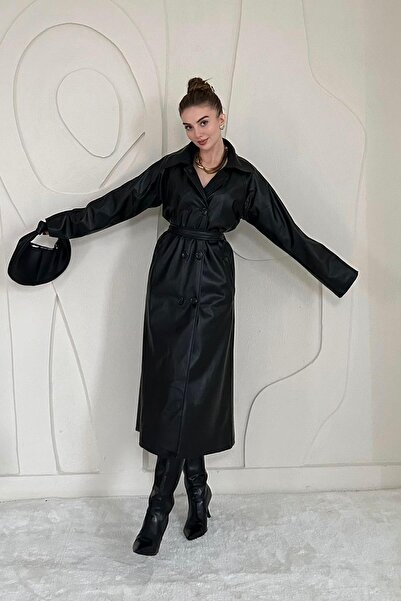 Elbee Fashion Woman Kuşaklı Deri Trençkot