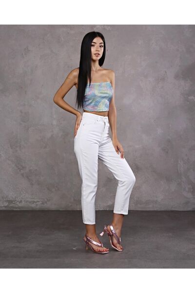 ByCukurovaFrango BY-4951 Γυναικείο λευκό τζιν παντελόνι με κουμπιά, λεπτομερέ...