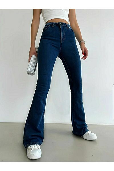 ByCukurovaFrango Dark Blue Flare Leg Denim Pants High Waist Flare Jeans Gathering