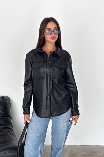 Deafox Μαύρο πουκάμισο από συνθετικό δέρμα με λεπτομέρεια τσέπης