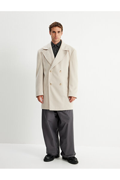 Koton Double Breasted Collar Viscose Blended Long Stamp Coat - Pocket Detail