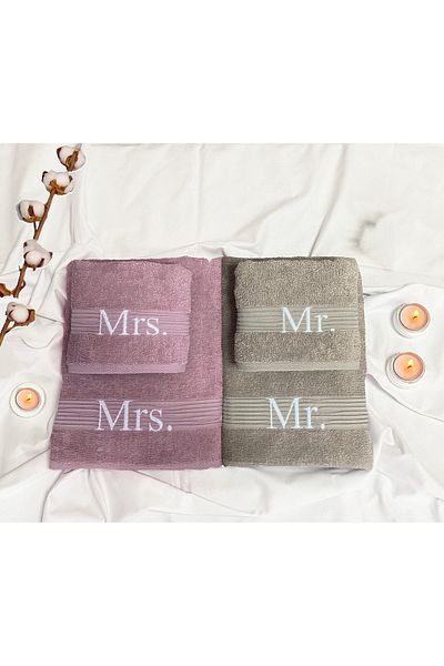 Lucy and Home MRS.&MR 100% Cotton Jacquard Σετ Πετσέτες Ντους 4 τεμαχίων 70x140 / 50x90