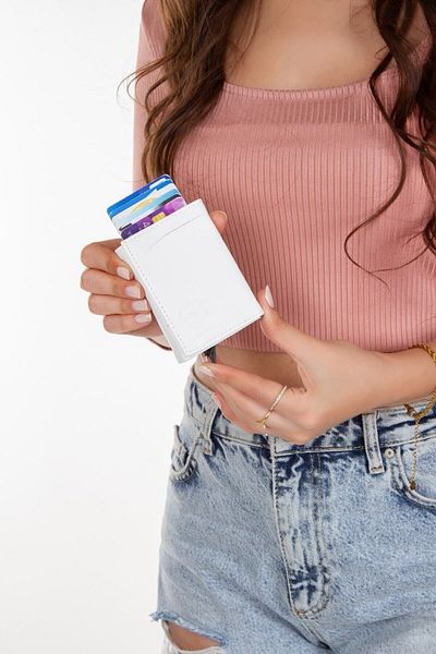 Newish Women's White Vegan Leather Mechanism Wallet Automatic Cash Money Compartment Slide Card Holder Wallet