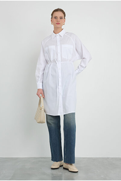 HEQA Çift Cepli Uzun Gömlek Beyaz