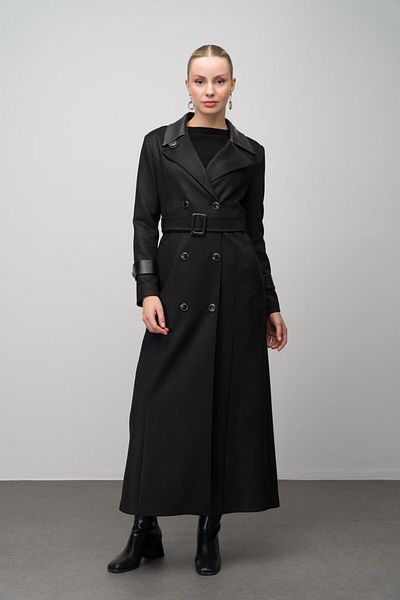 Olcay Gabardine Suede Look Double Breasted Leather Top Coat - Black 6647