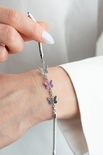 ESSARE 925 Ayar Gümüş Rodyum Kaplama 3 Renk Kelebek Şans Bilekliği