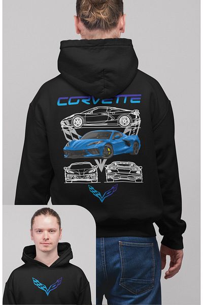 Fuddy Moda Corveette Print Oversize Hooded Sweatshirt - Unisex Racing Car Themed Hoodie