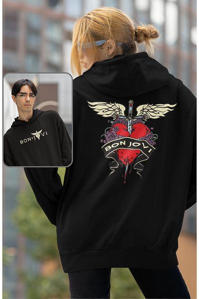 Fuddy Moda Унисекс суитшърт с качулка и щампа на гърба Bonjovi, голям суитшърт с щампа на рок група