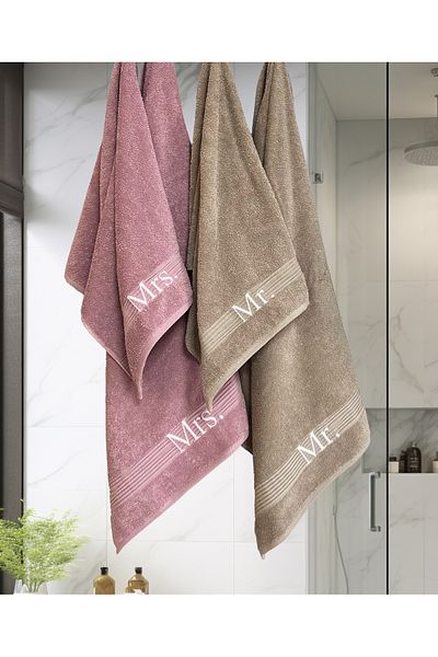 Lucy and Home MRS.&MR 100% Cotton Jacquard Σετ Πετσέτες Ντους 4 τεμαχίων 70x140 / 50x90