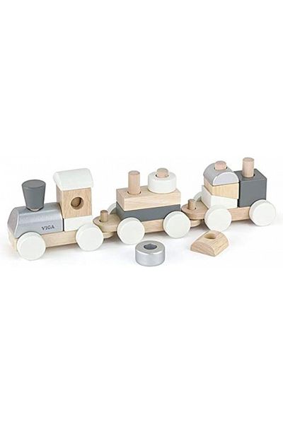 Viga Wooden Stacking Train - Silver and White for Kids Ages 18+ Years