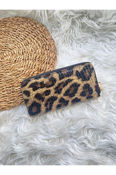 PİNK PEARL Women's Patent Leather Leopard Pattern Zippered Large Size Wallet