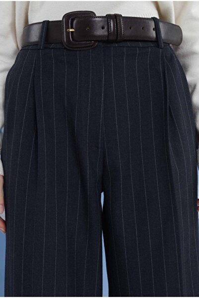 HEQA Wide Leg Striped Trousers Dark Navy