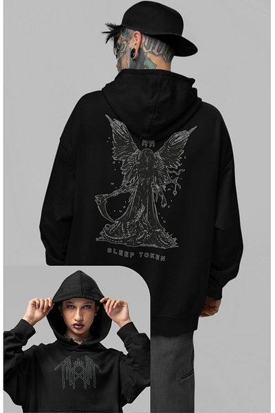 Fuddy Moda Unisex Sleep Token - Hanorac supradimensionat cu glugă cu imprimeu pe spate, hanorac cu imprimeu Rock Band