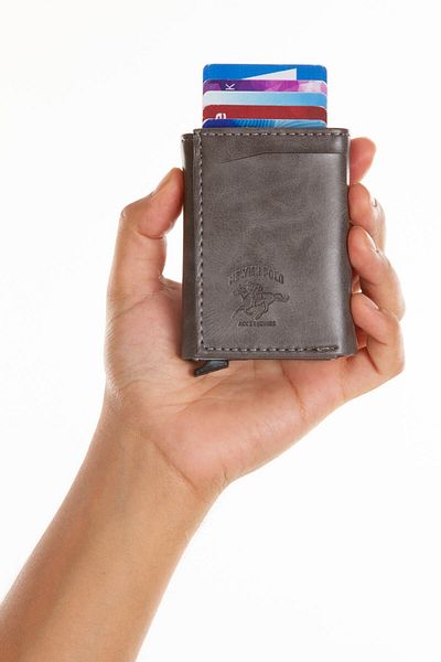 Newish Leather Unisex Card Holder Wallet with Aluminum Mechanism - Slide, Paper Coin Compartment (7.5X10Cm)