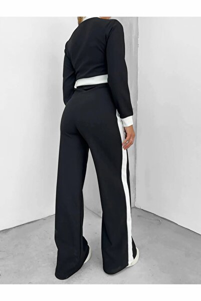 Depox Set de două piese cu nasturi din țesătură otomană alb-negru pentru femei