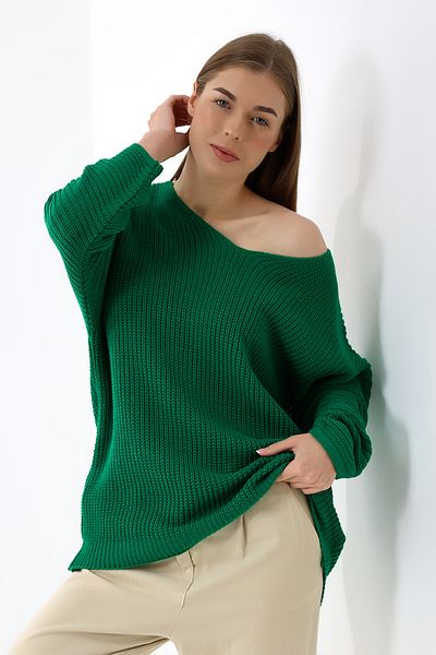 Devinka Women's Green Oversize Casual V-Neck Knitwear Sweater