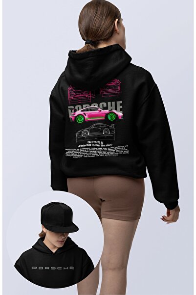 Fuddy Moda Hanorac cu glugă unisex oversize roz cu tematică Porsche 911 GT3