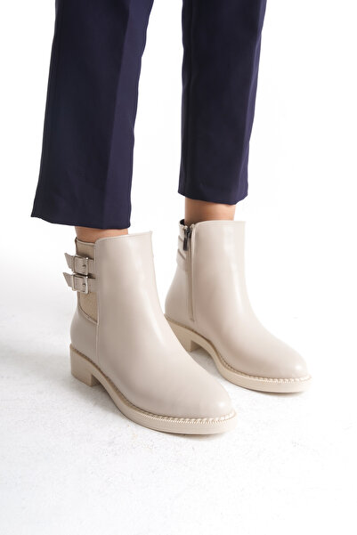 Limeo Low Heel Side Zipper and Double Buckle Detail Women's Beige Booties